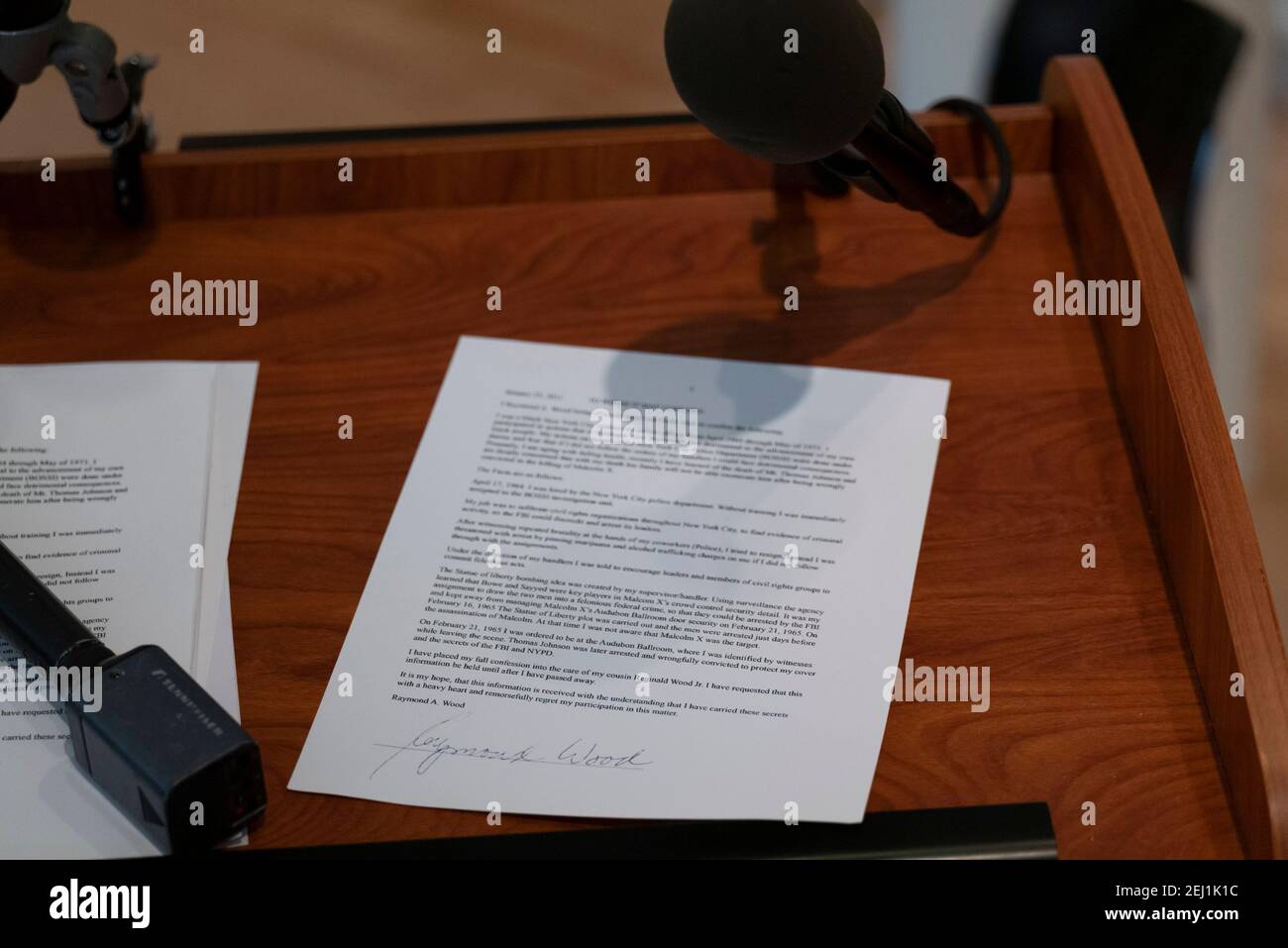 New York, New York, USA. 20th Feb, 2021. A letter written by Ray Wood, a former New York City Undercover police officer is shown during a press conference at the Shabazz Center in New York. The letter contains new evidence regarding the assassination of Malcom X. The Shabazz Center, named after Malcom's Wife, Betty Shabazz, is the former site of the Audubon Ballroom when 56 years ago on February 21, 1965 Malcolm X was assassinated. Credit: Brian Branch Price/ZUMA Wire/Alamy Live News Stock Photo