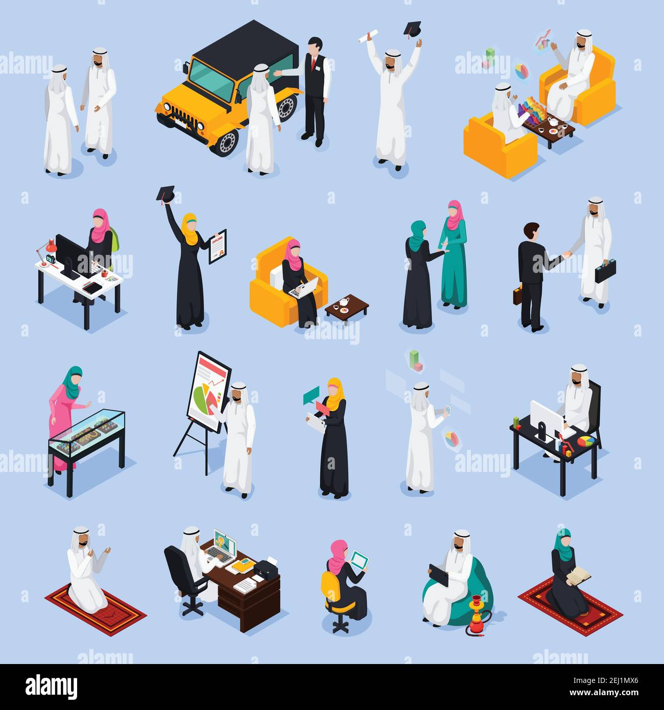 Isometric set of arab people during business, education, work ...