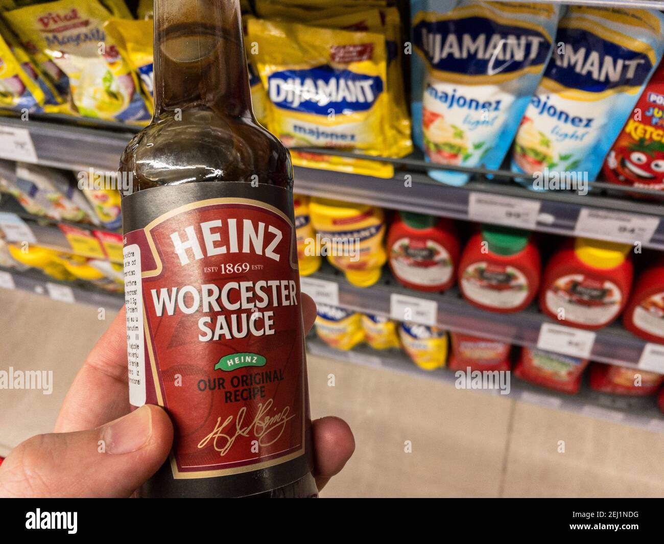 BELGRADE, SERBIA - FEBRUARY 17, 2021: Heinz Worcester sauce logo on one of their bottles for sale in Belgrade. heinz is an american food processing se Stock Photo