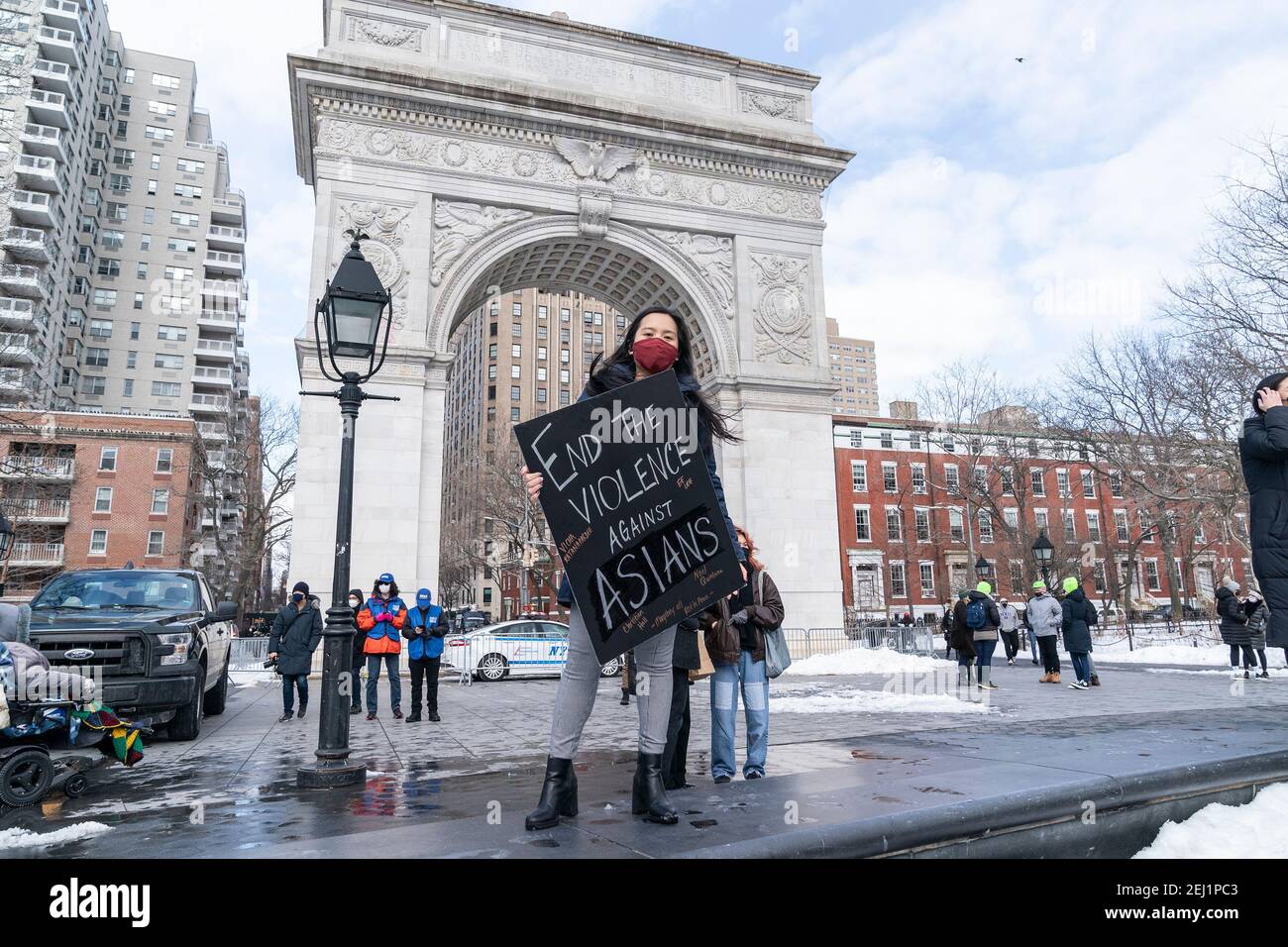 New York, United States. 20th Feb, 2021. More than 200 people gathered on Washington Square Park to rally in support Aisian community, against hate crime and white nationalism. Rally held in New York on February 20, 2021. Rally was organized by ANTIFA (anti-fascist movement) and Abolitionist Community. (Photo by Lev Radin/Sipa USA) Credit: Sipa USA/Alamy Live News Stock Photo