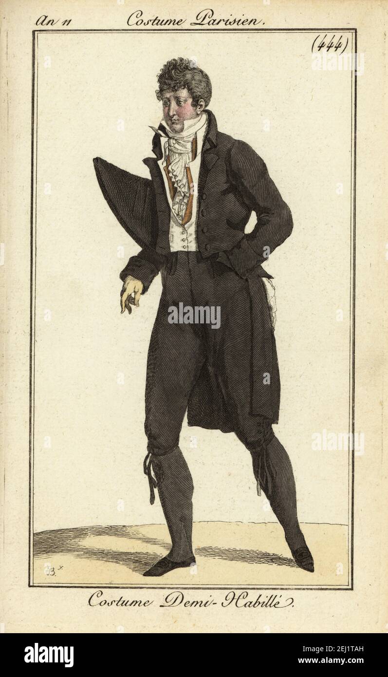 French dandy in black suit and stockings, double waistcoat, cravatte and  frilled shirt. With chapeau bras bicorn hat under his arm. Semi-formal  costume. Costume Demi-Habillé. Handcoloured copperplate engraving by  Pierre-Charles Baquoy from