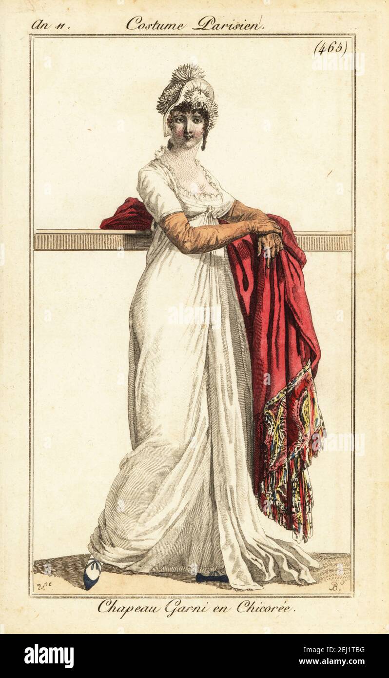 Woman in formal gown, long gloves, embroidered shawl, and hat decorated with  chicory. Chapeau Garni en Chicorée. Handcoloured copperplate engraving by  Pierre Charles Baquoy after Carle Vernet from Pierre de la Mesangere's