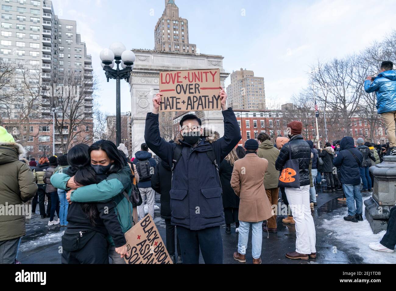 New York, NY - February 20, 2021: More than 200 people gathered on Washington Square Park to rally in support Aisian community, against hate crime and white nationalism Stock Photo