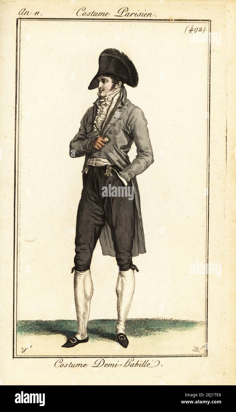 French dandy in semi-formal outfit. Bicorn hat, grey frock coat, white gilet  or waistcoat, breeches and hose, buckle shoes. Costume Demi-habillé.  Handcoloured copperplate engraving by Pierre-Charles Baquoy after Carle  Vernet from Pierre