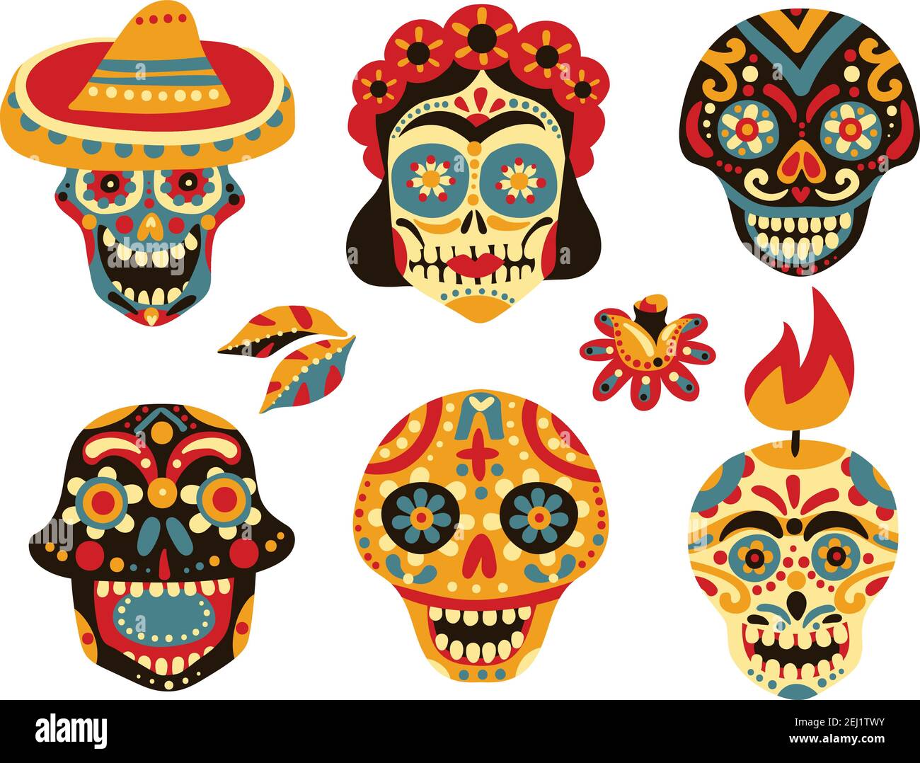 Mexican day of dead traditional colorful ornamental skull symbols icons collection with mask in sombrero isolated vector illustration Stock Vector