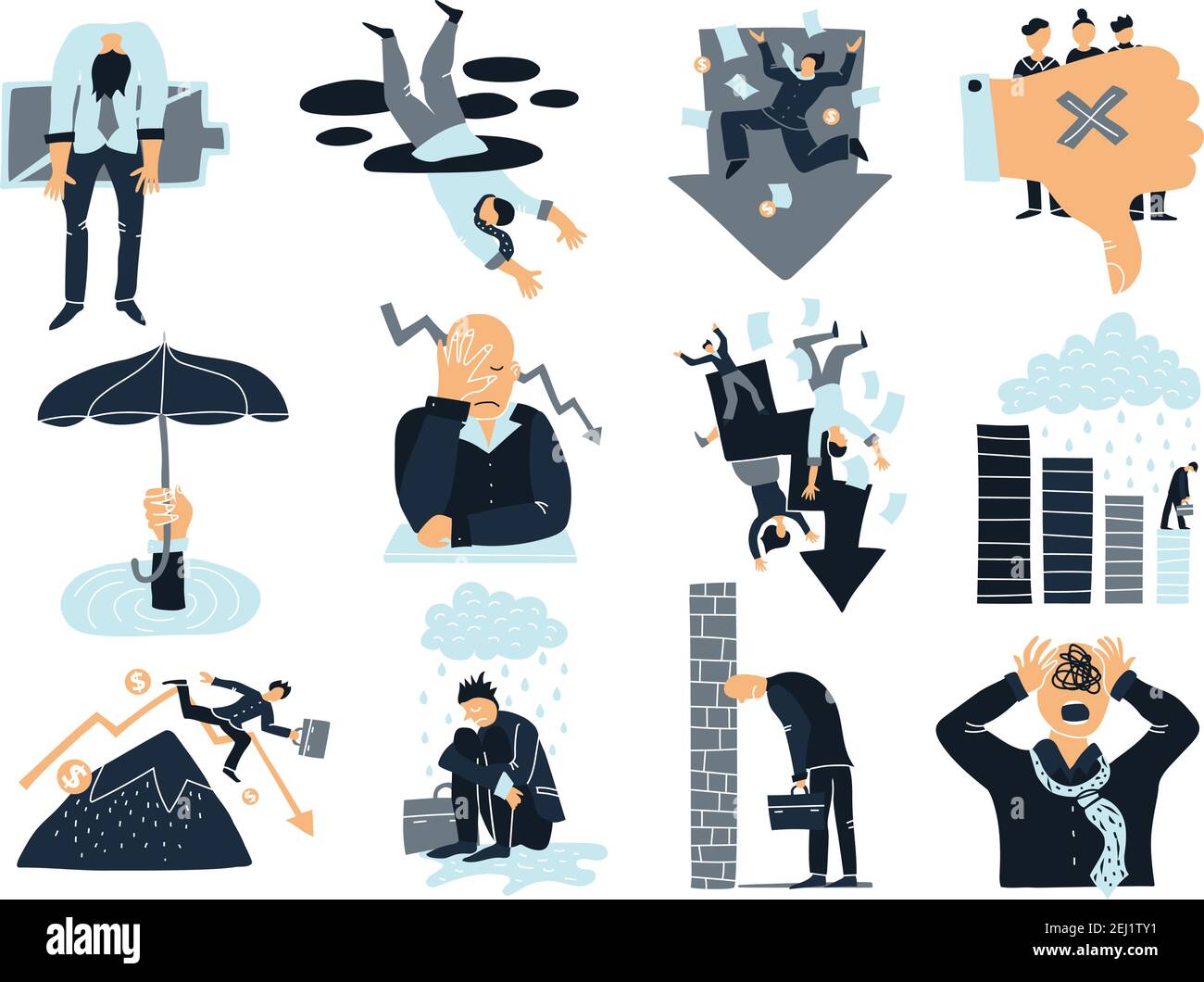 Business failure flat icons collection with thumb down falling from mountain drowning and decrease symbols isolated vector illustration Stock Vector