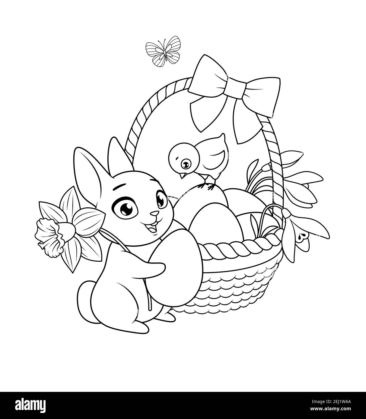 Easter bunny and chick with basket full of eggs and flowers. Vector black and white illustration for coloring book page. Stock Vector