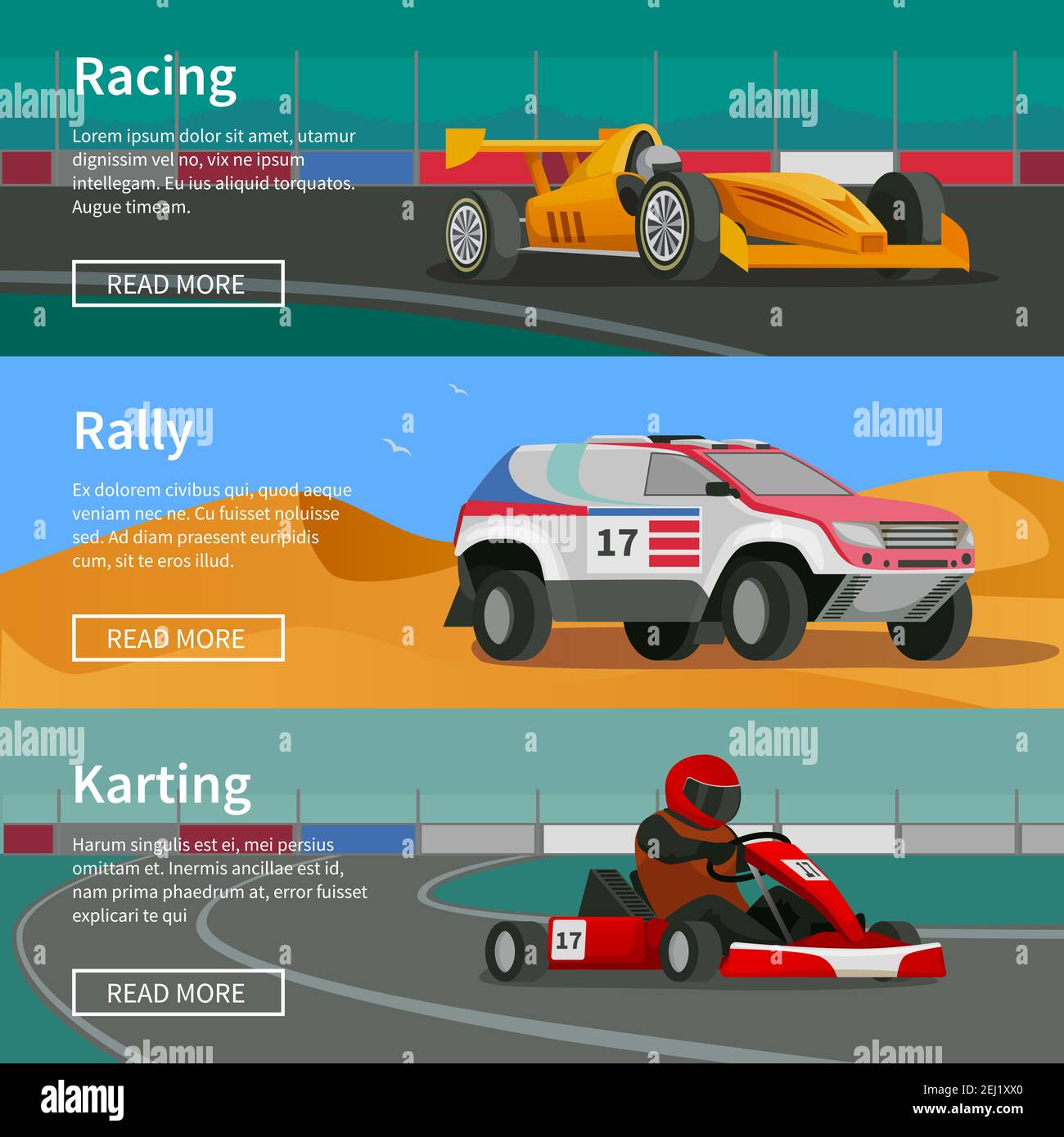 Racing flat banners set with rally and karting race tracks and cars