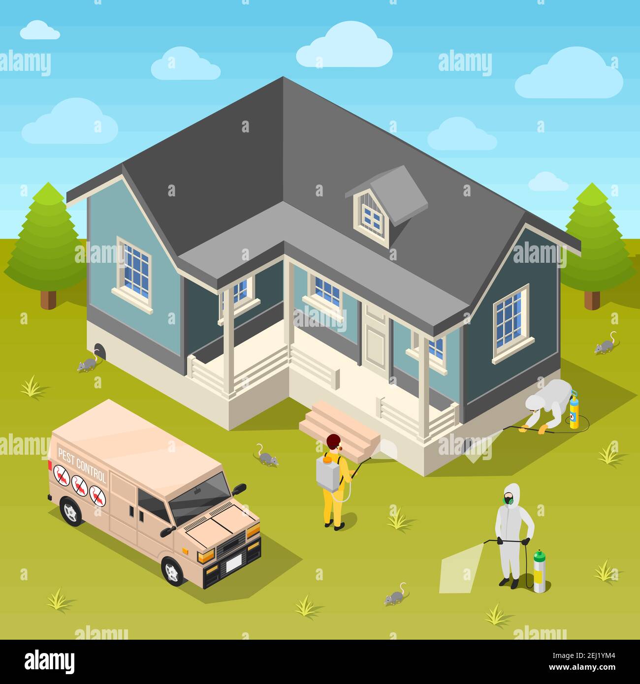 House disinfection isometric background with exterminators in protective suits using repellent for cleaning of rural cottage vector illustration Stock Vector