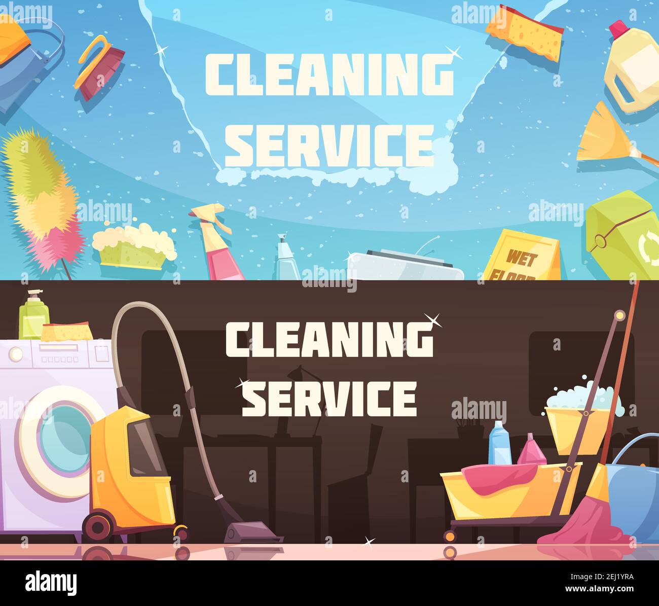 Cleaning service horizontal banners with set of cleaning agents tools and devices flat vector