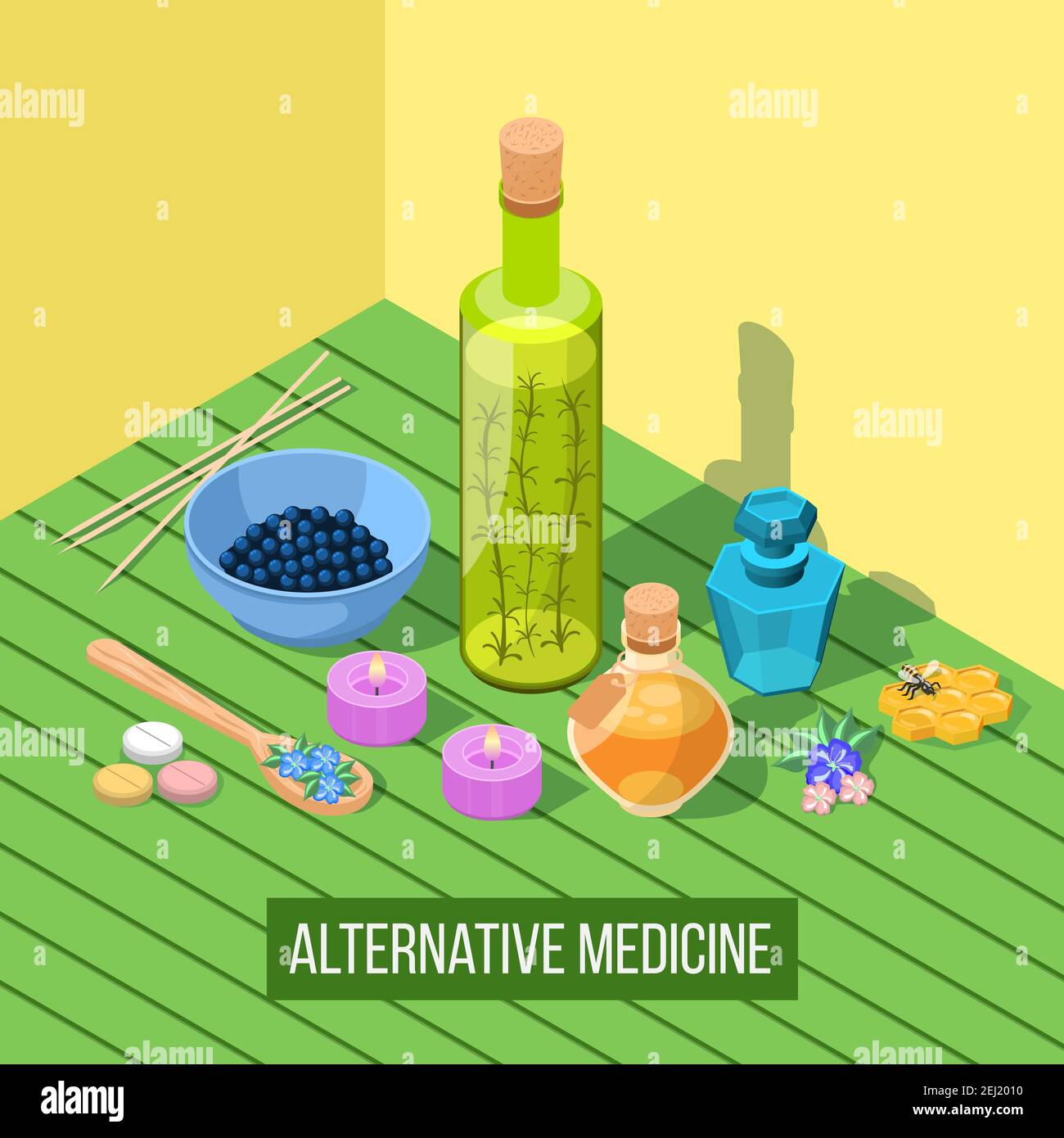 Alternative medicine isometric composition with elements of homeopathy apitherapy acupuncture phytotherapy aromatherapy  healing vector illustration Stock Vector