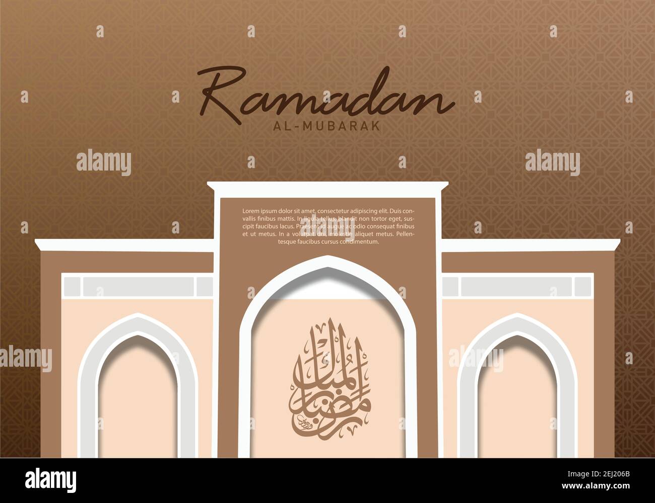 Ramadan al-Mubarak greeting card. Mosque interior art concept, 'Blessed Ramadan' in Arabic Calligraphy, sample text and geometric pattern background. Stock Vector