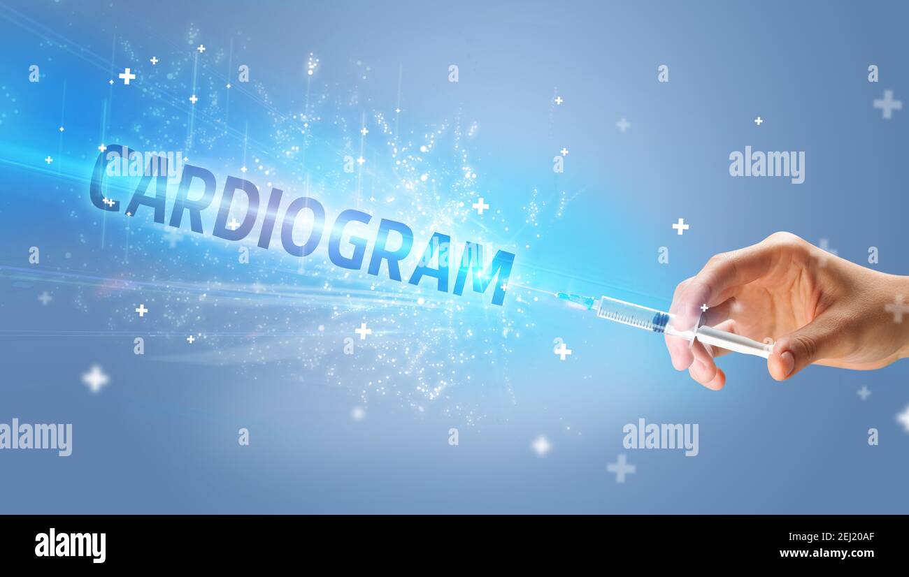 Syringe, medical injection in hand with CARDIOGRAM inscription, medical ...
