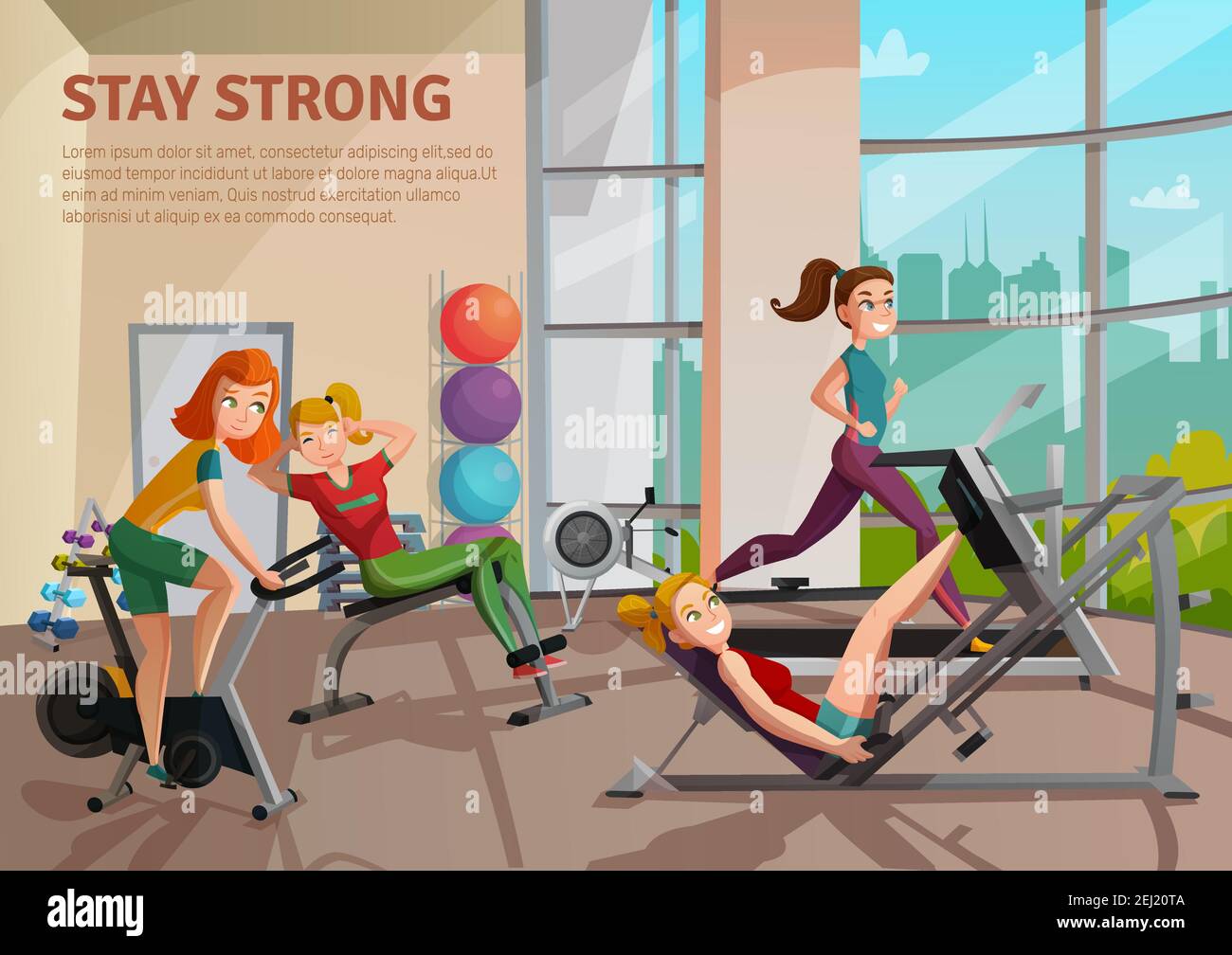 Girls doing fitness on treadmill, bike, bench in exercise room with big