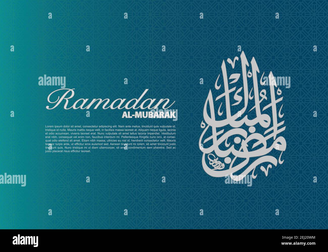 Ramadan al-Mubarak greeting card. Arabic Calligraphy art concept, 'Blessed Ramadan' in Thuluth Script, sample text and geometric pattern background. Stock Vector