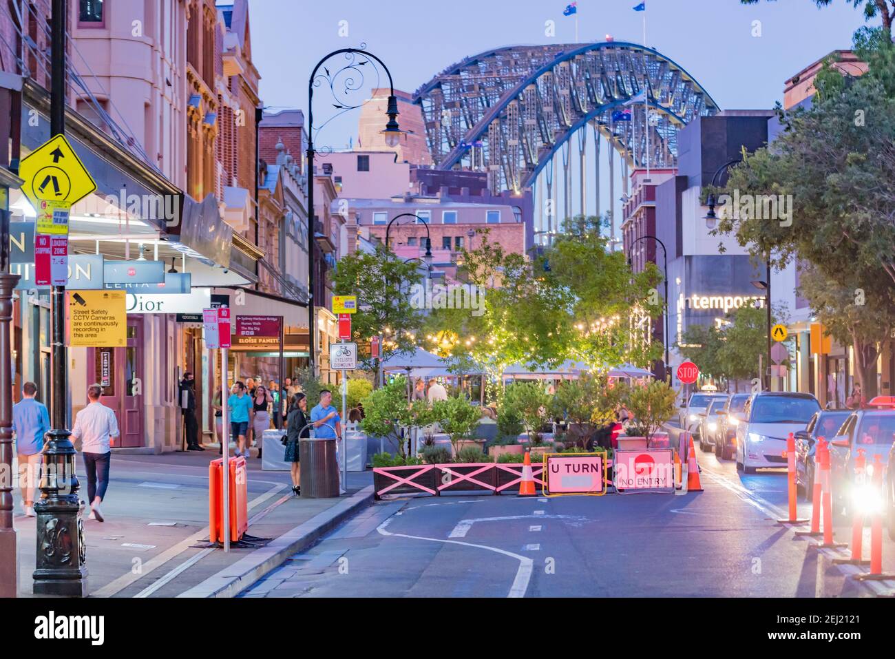 Dec 2020, Syd Aust: Part of a street in the Rocks area in harbourside Sydney has been blocked to allow safer alfresco dining during the Covid pandemic Stock Photo