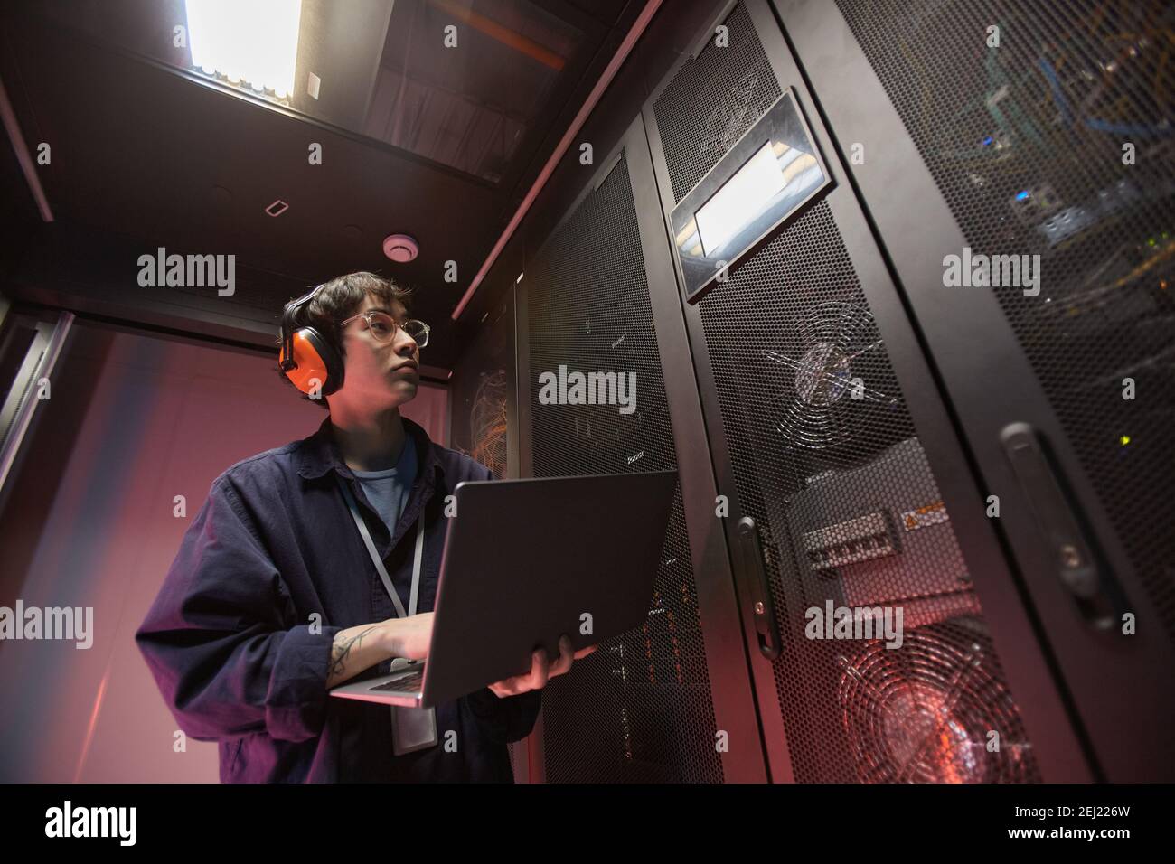 Waist up portrait of young Asian man using laptop while setting up ...