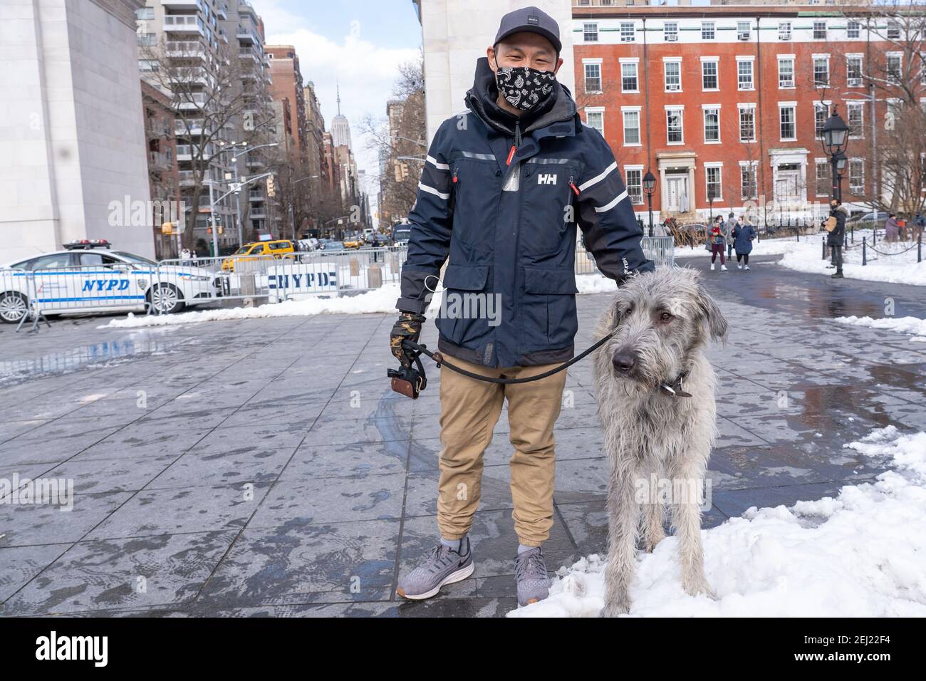 New York, United States. 20th Feb, 2021. NEW YORK, NY - FEBRUARY 20: Protestor with an Irish Wolfhound seen at the End The Violence Towards Asians rally in Washington Square Park on February 20, 2021 in New York City. Since the start of the coronavirus pandemic, violence towards Asian Americans has increased at a much higher rate than previous years. The New York City Police Department (NYPD) reported a 1,900% increase in anti-Asian hate crimes in 2020. Credit: Ron Adar/Alamy Live News Stock Photo