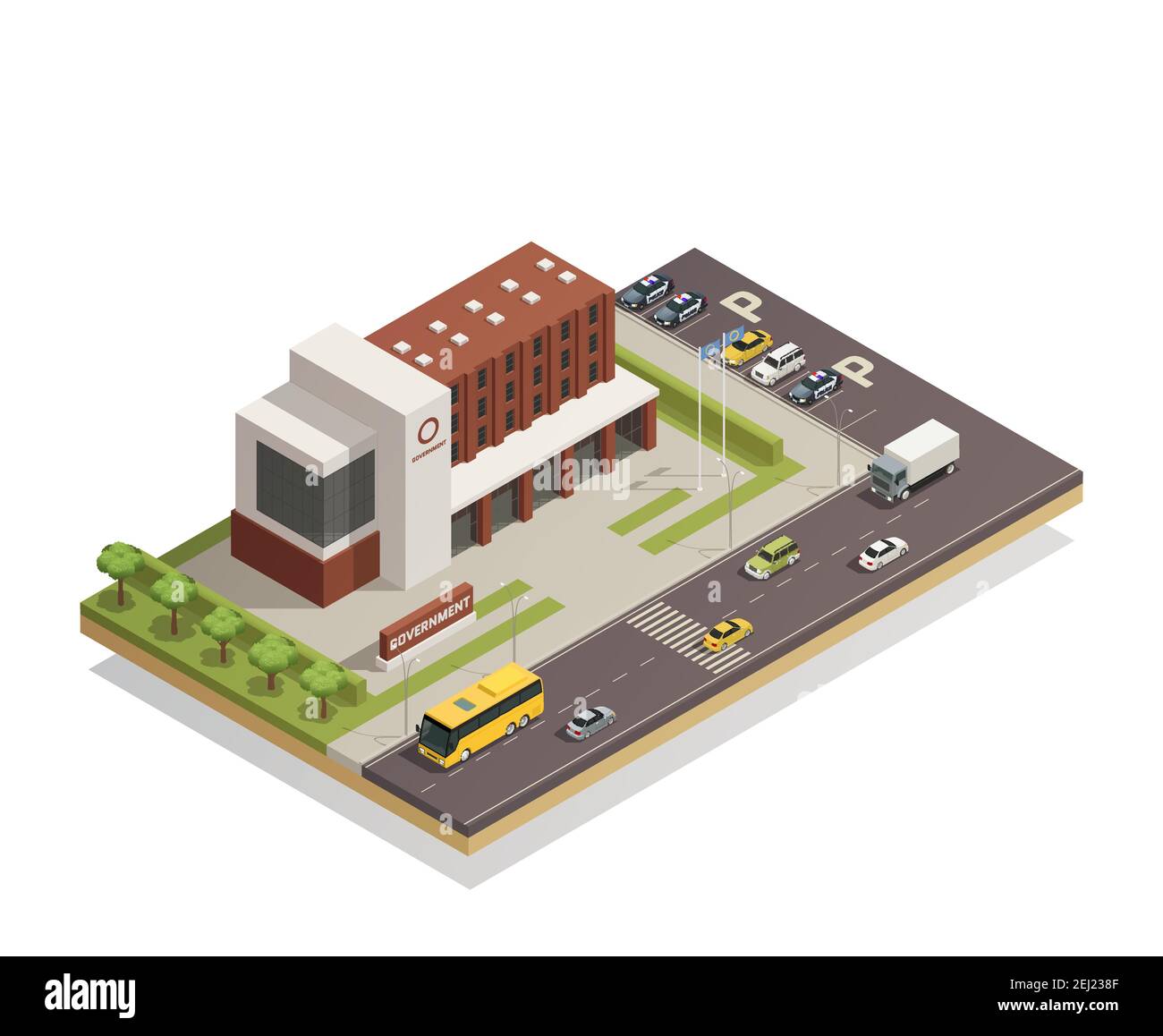 Modern government building compound in city center and surrounding area architectural composition isometric view   vector illustration Stock Vector