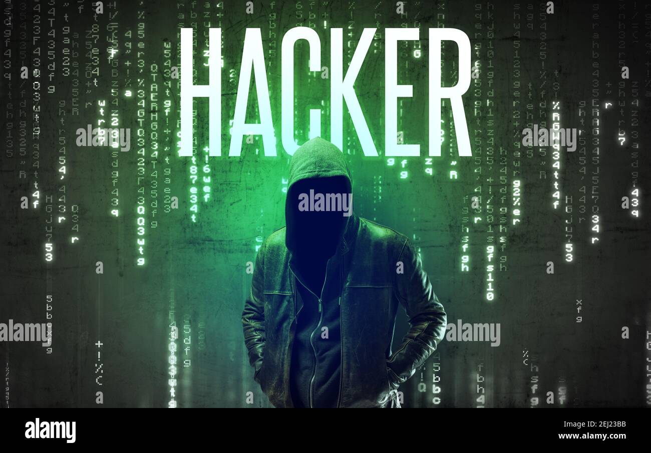 Faceless hacker with HACKER inscription, hacking concept Stock Photo