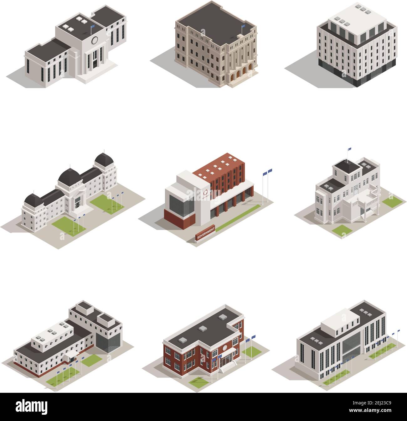 Modern and historical representative government building architectural monuments outdoor isometric view icons collection isolated vector illustration Stock Vector