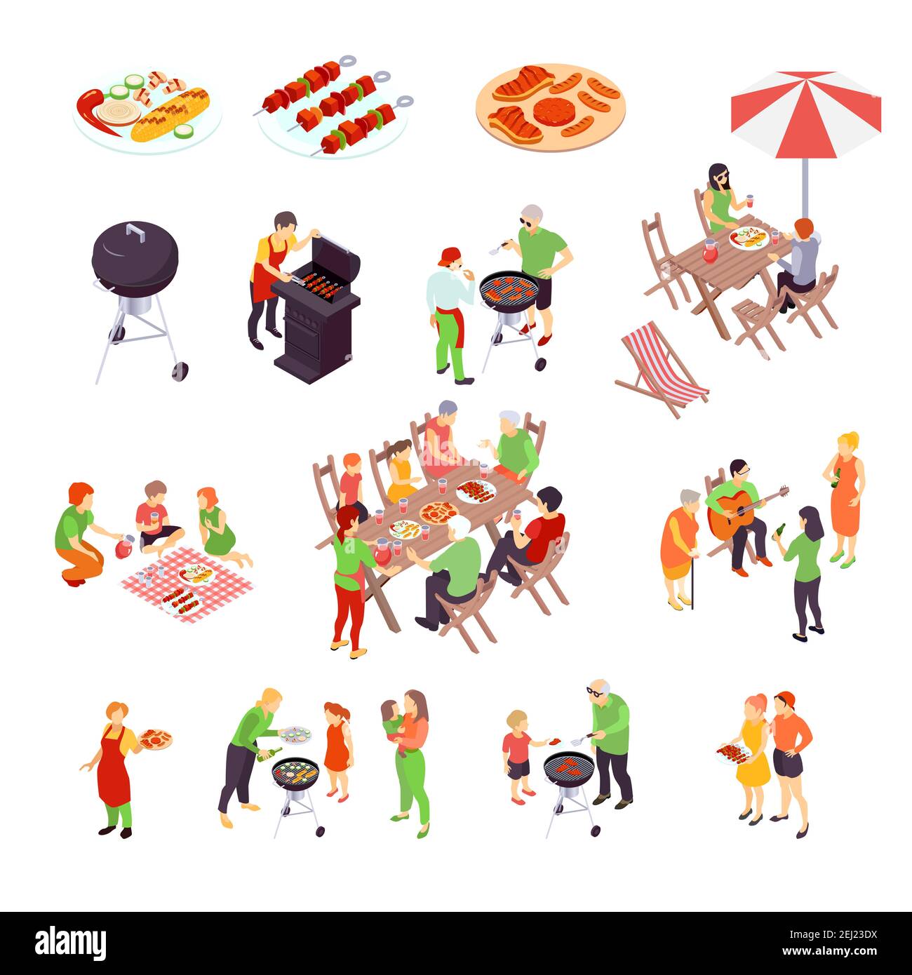 Family barbecue picnic isometric icons set with pizza bbq charcoal ...