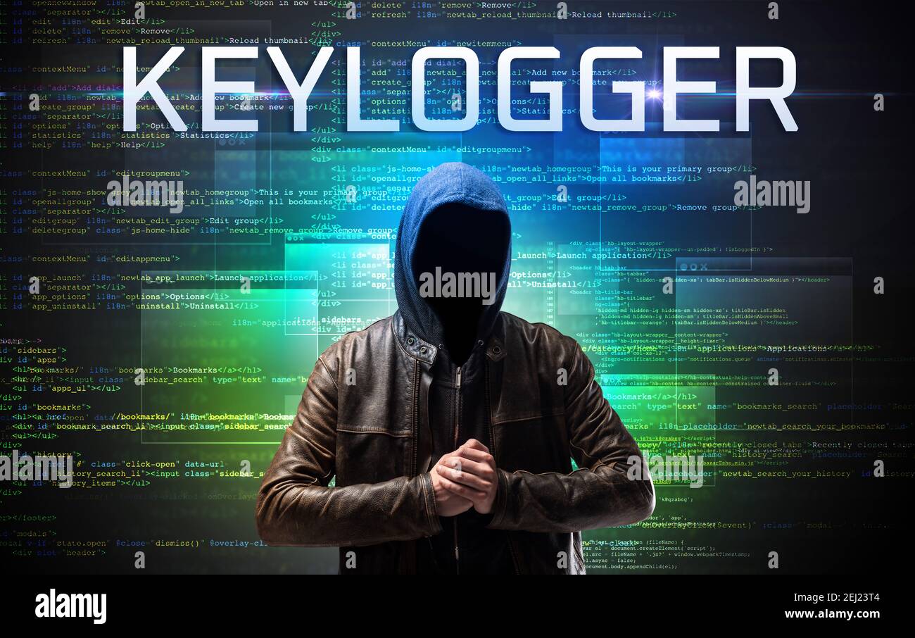 Faceless hacker with KEYLOGGER inscription on a binary code background Stock Photo
