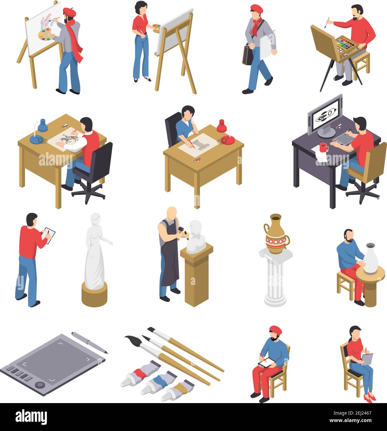 Isometric set of artists with accessories near easels, sculpture ...