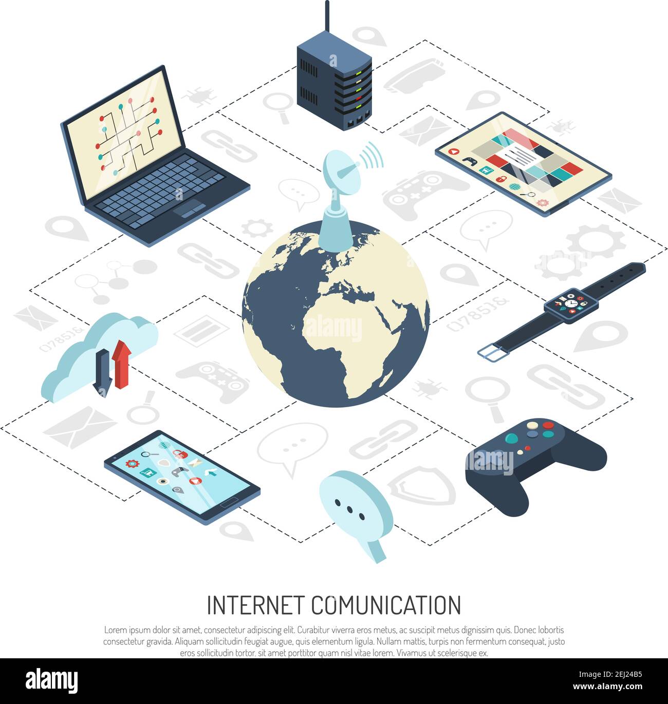 of things isometric composition with satellite dish on globe