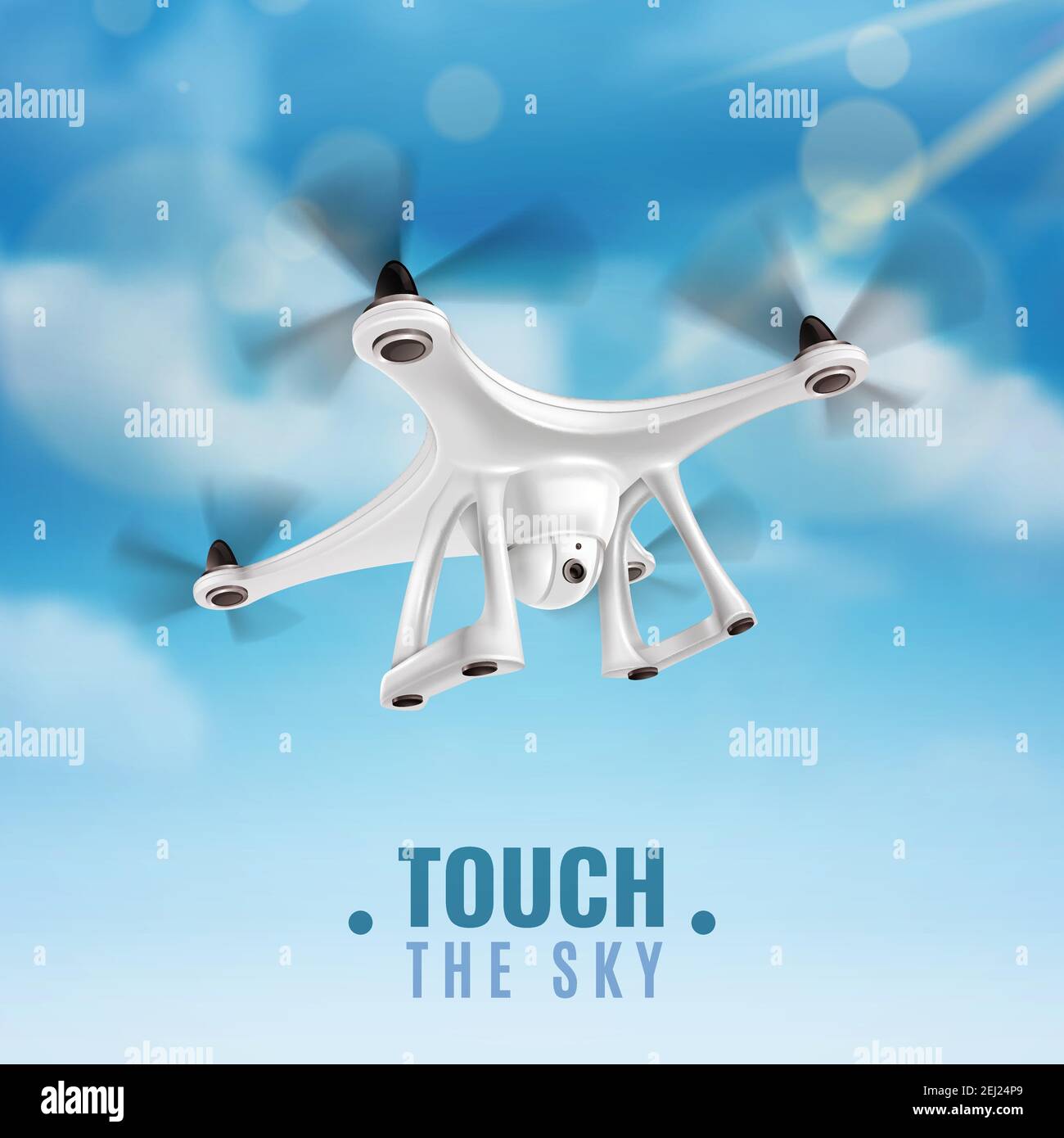 Realistic quadcopter drone with digital camera flying in blue sky vector illustration Stock Vector