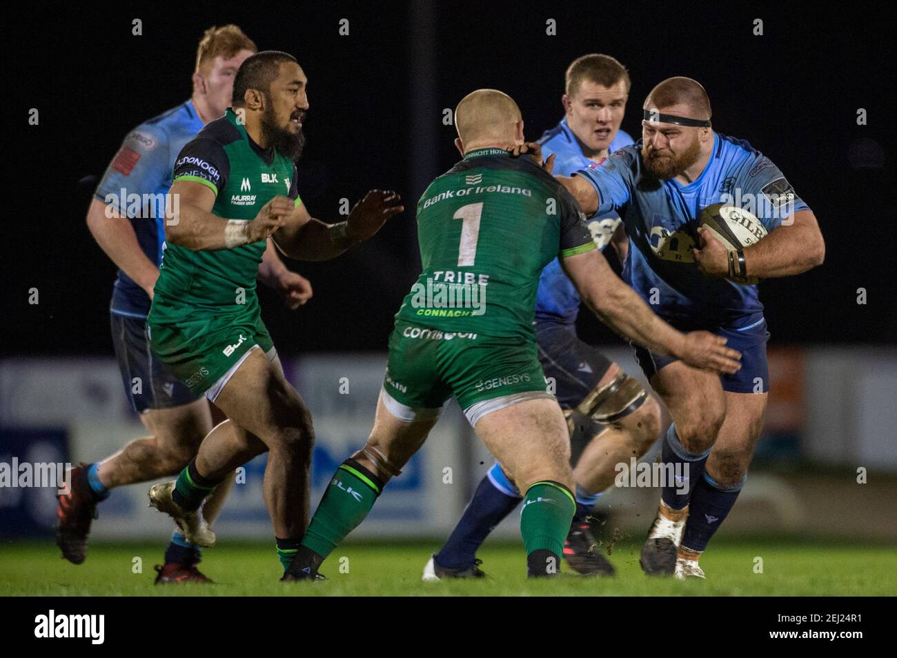 Galway, Ireland. 20th Feb, 2021. Dimitri Arship of Cardiff tackled by  Jordan Duggan of Connacht during the Guinness PRO14 Round 12 match between  Connacht Rugby and Cardiff Blues at the Sportsground in