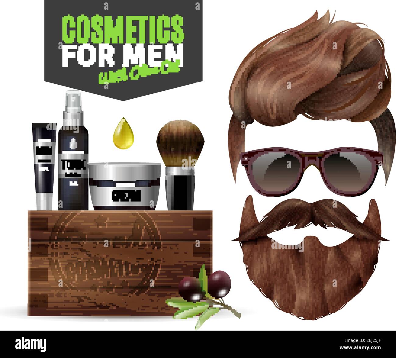 Realistic poster with male cosmetics for hair and beard vector illustration Stock Vector
