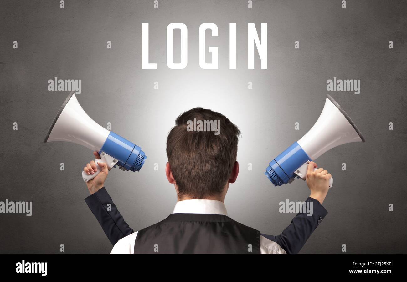 Log Inscription Rear view of a businessman with LOGIN inscription, cyber security ...