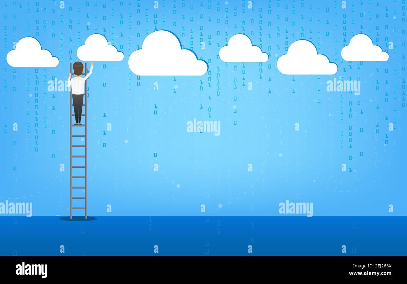 Cloud computing technology with man climb up to cloud flat design vector illustration Stock Vector