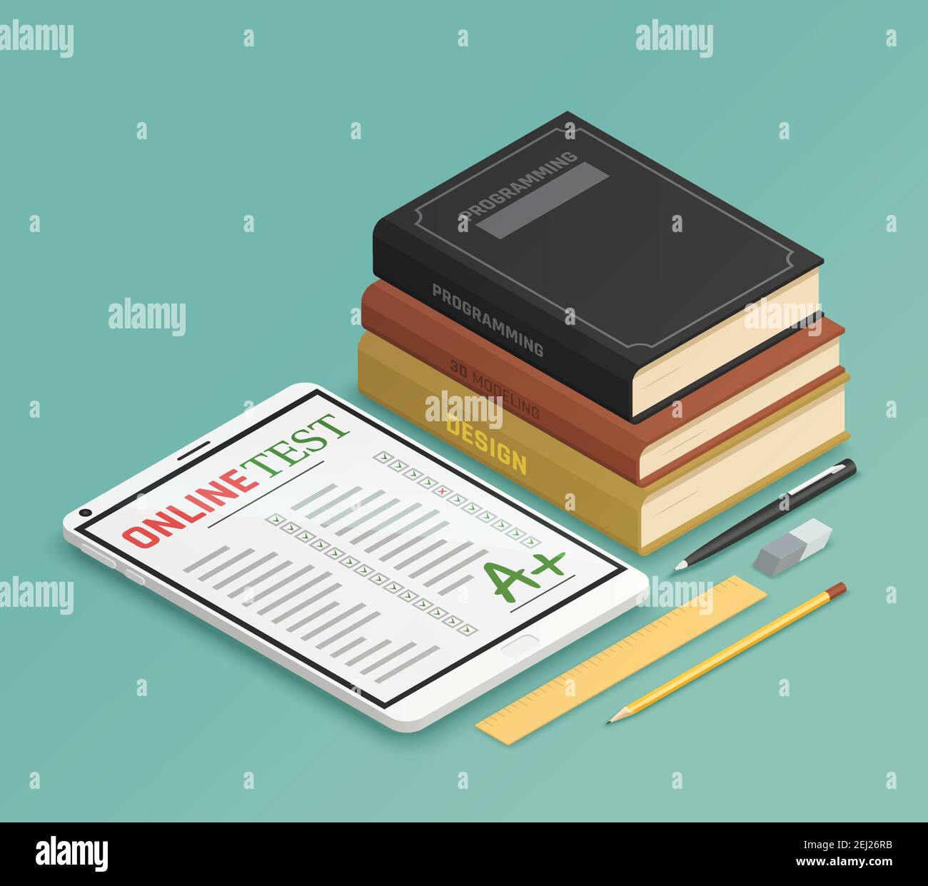 Elearning isometric design concept with online test sheet and stack of ...