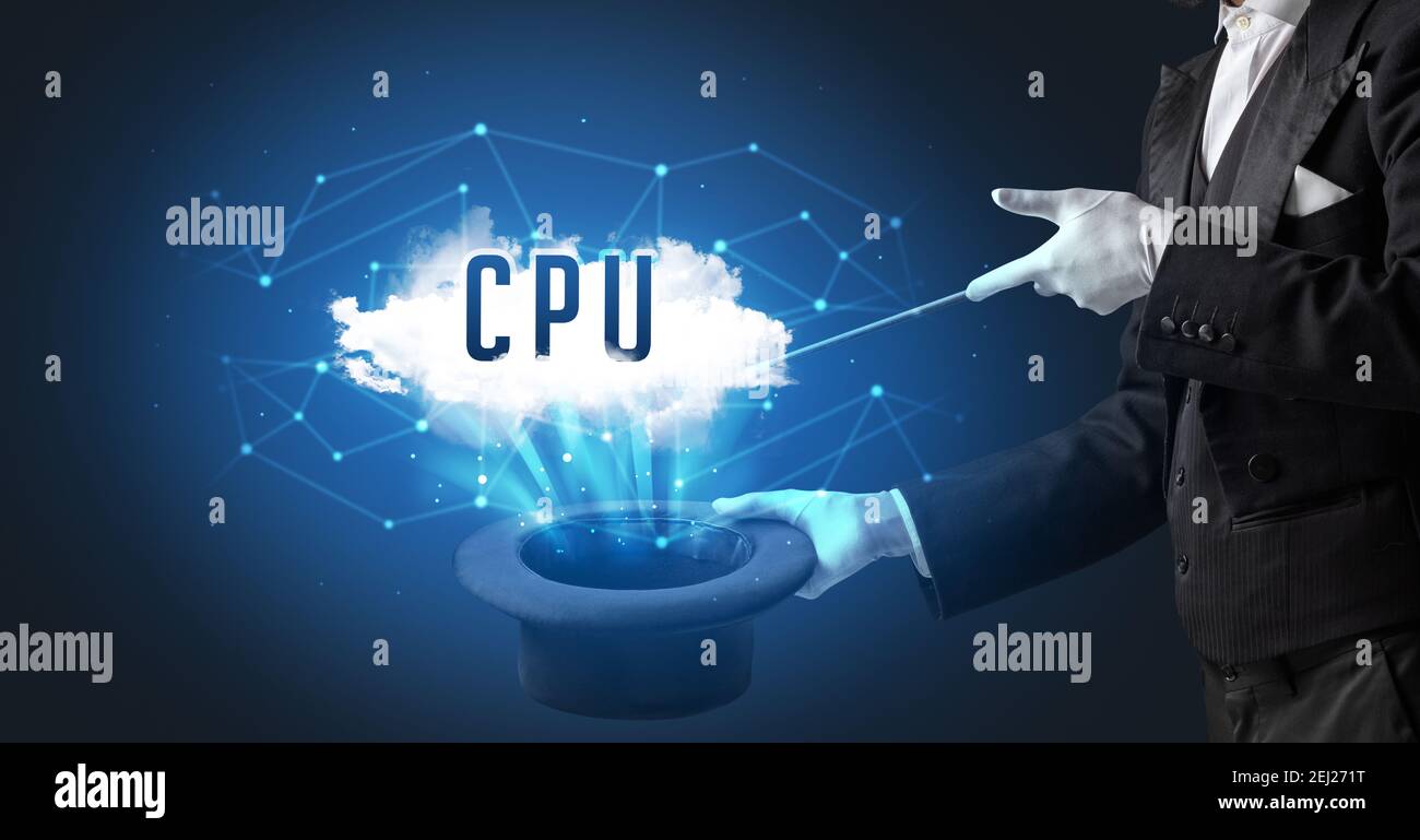 Magician is showing magic trick with CPU abbreviation, modern tech ...