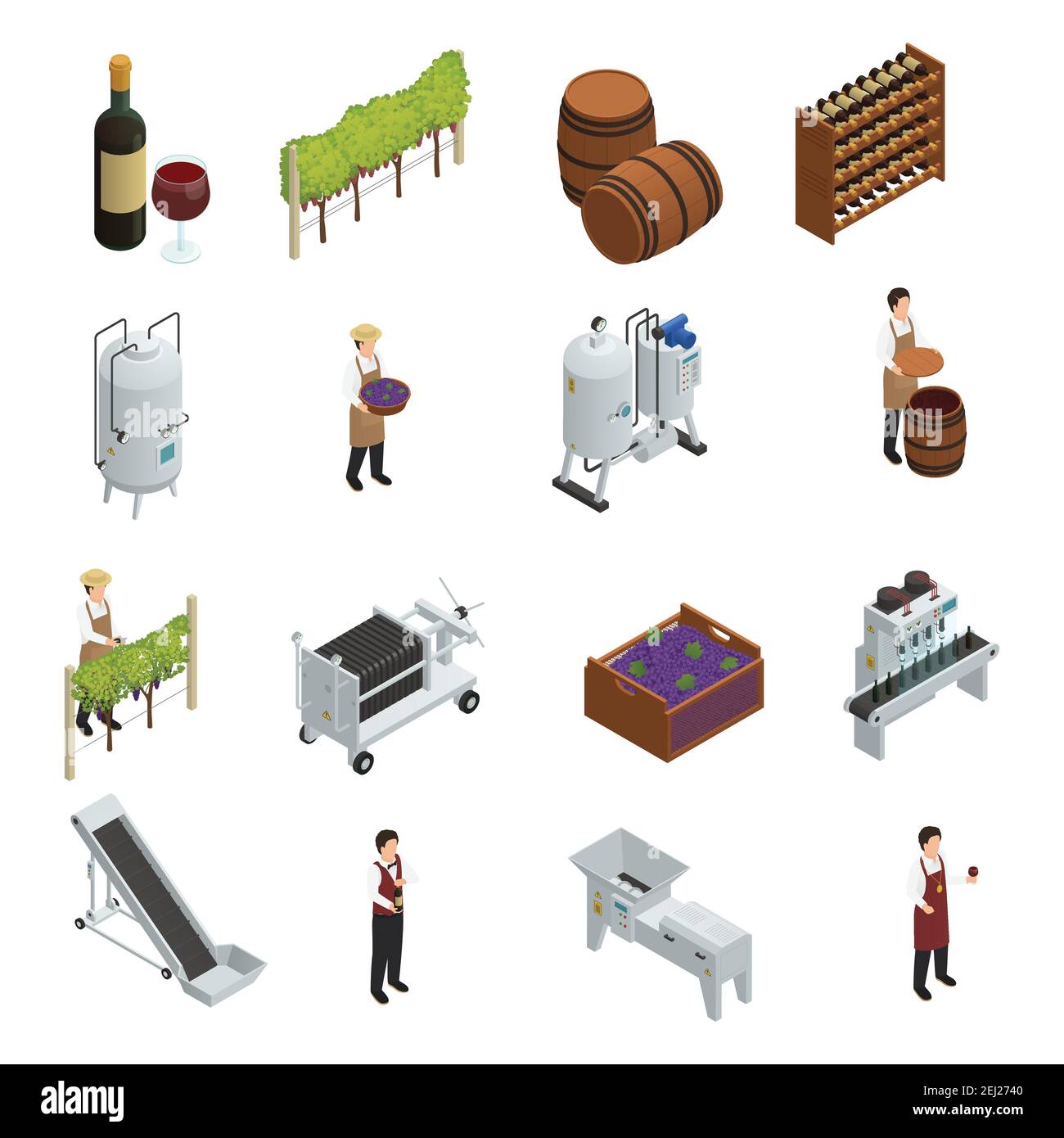 Wine production isometric set of grapevine wooden barrels vineyard ...