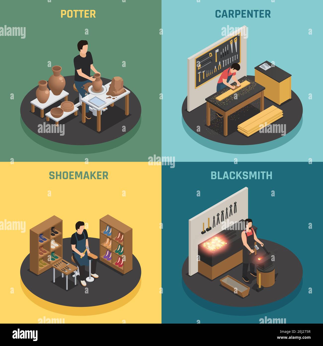 Craftsman professions 2x2 design concept with potter shoemaker ...
