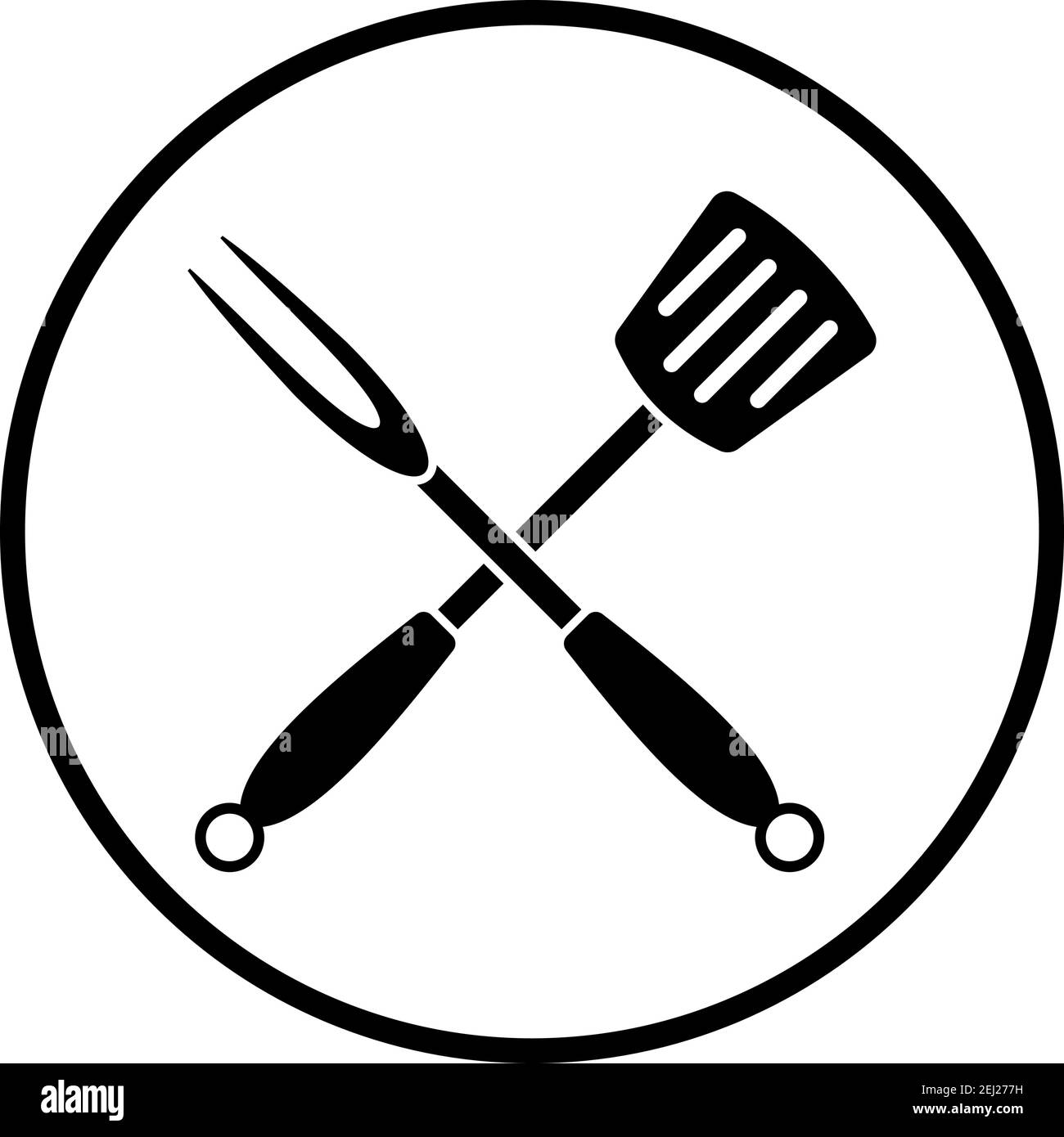 Crossed Frying Spatula And Fork Icon. Thin Circle Stencil Design 