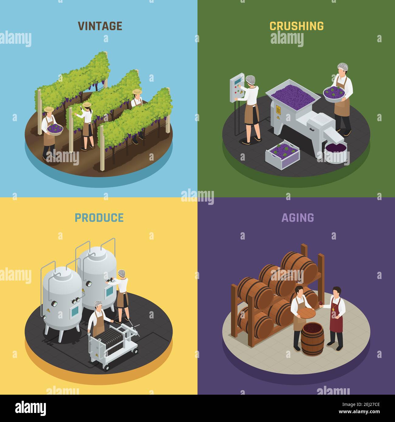 Wine production 2x2 design concept with vintage crushing produce and