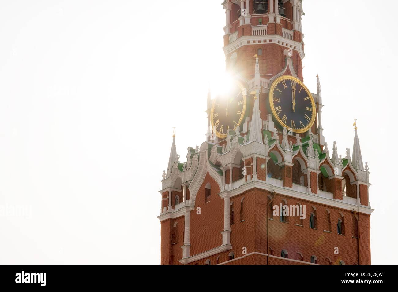 Famous Spasskaya tower in sun light, Russia. Symbol and main landmark of Moscow with copy space. Stock Photo