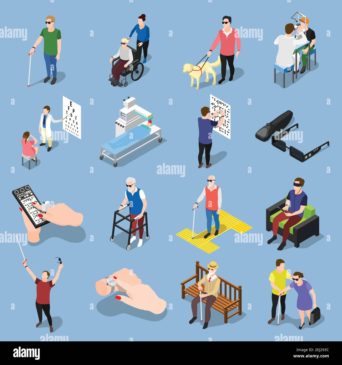 Isometric blind people icons collection of isolated realistic images of sightless human characters in different situations vector illustration Stock Vector