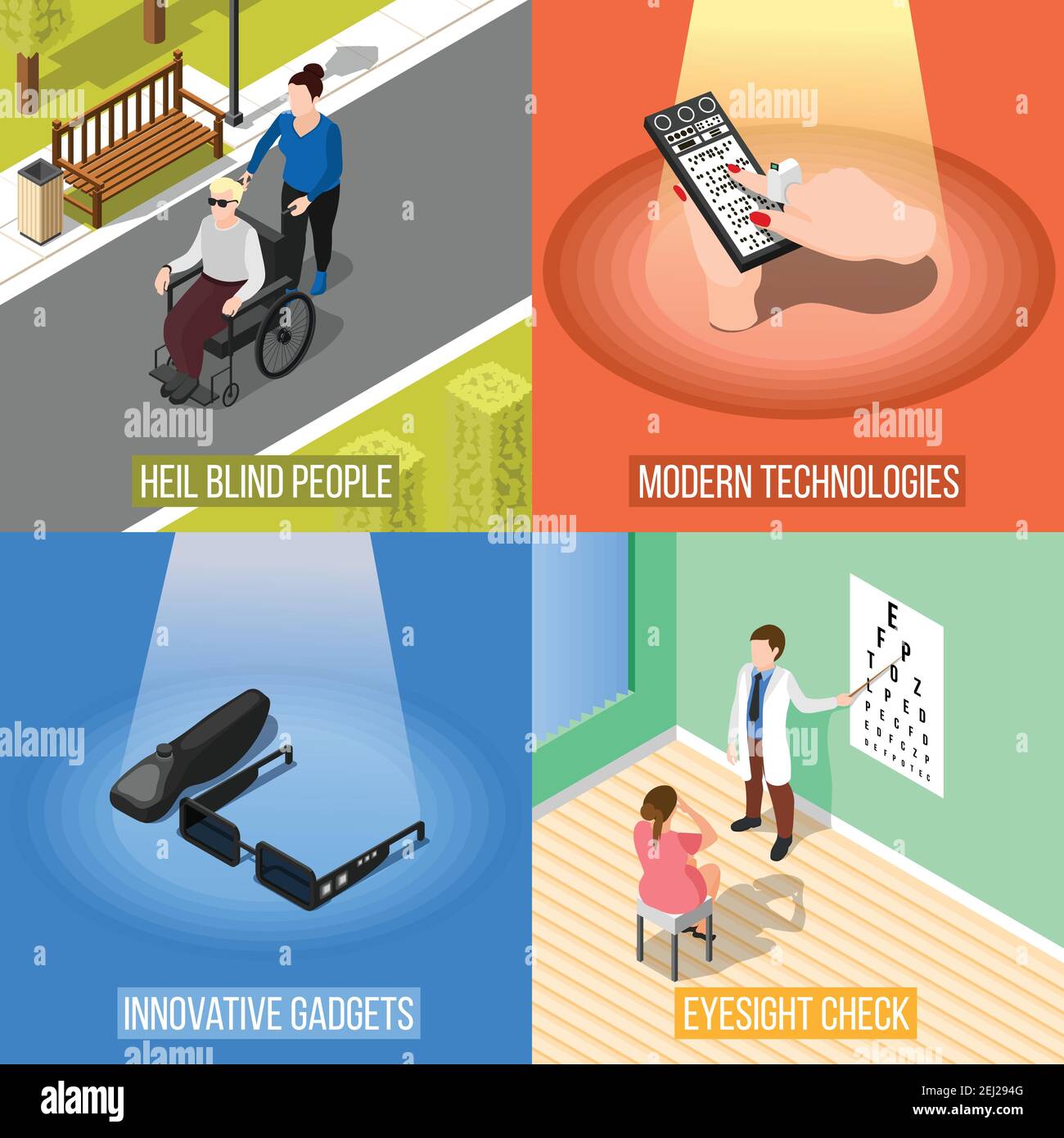 Isometric blind people design concept with four square compositions of ...