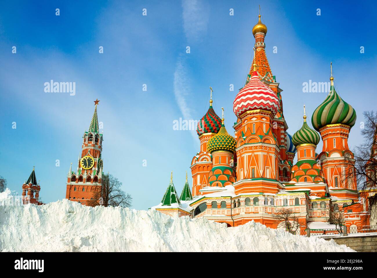 Snow pile near St. Basil's Cathedral, winter, Moscow, Russia. Stock Photo