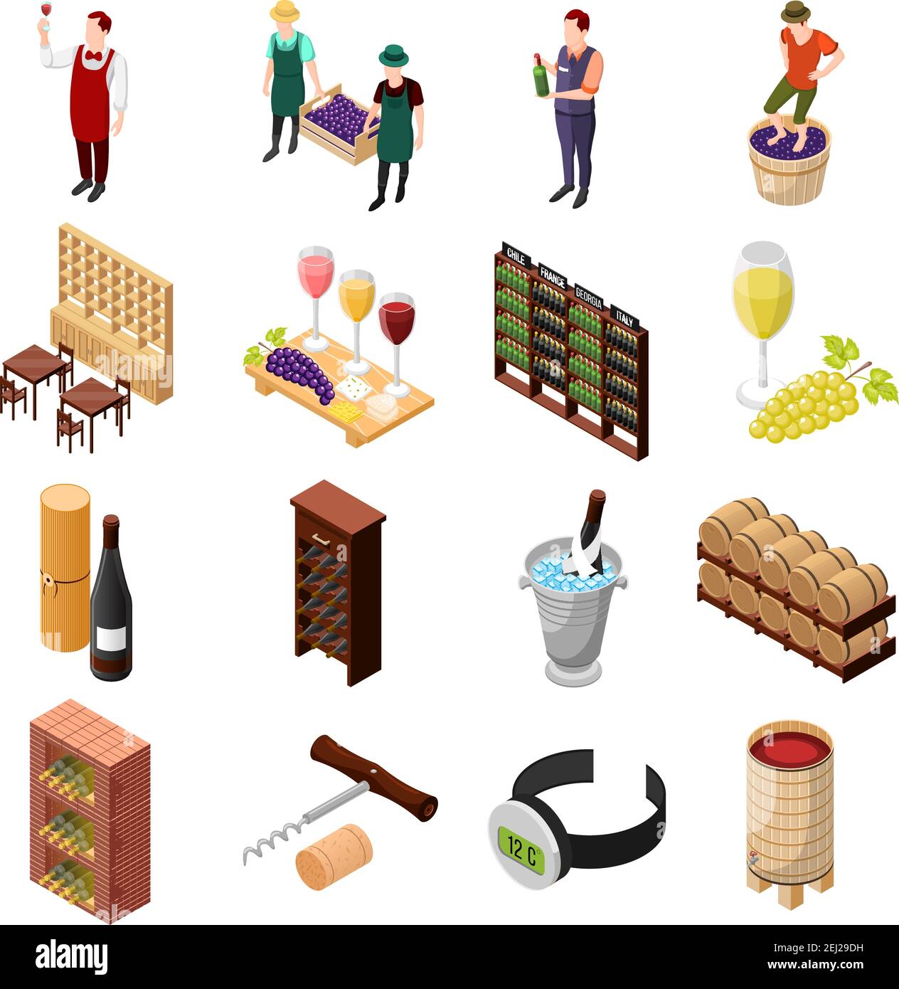 Isometric wine production icons collection with tierce of wine chiller ...