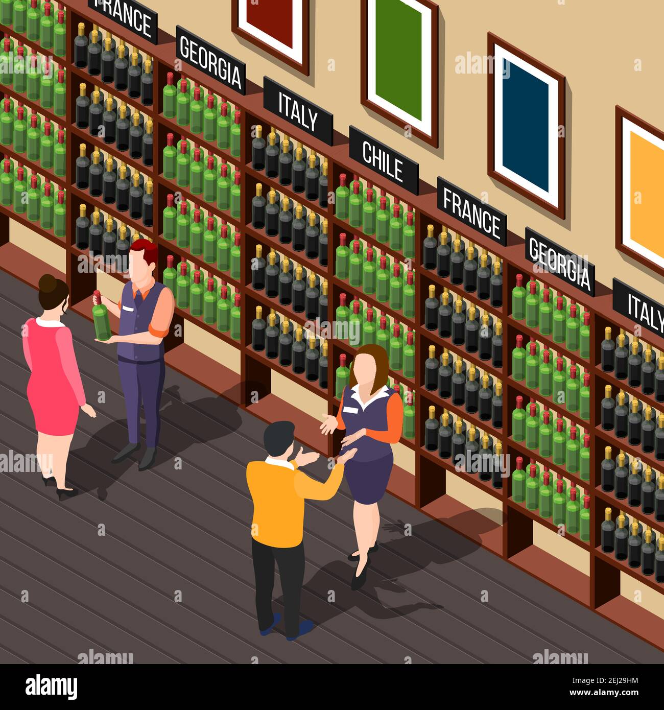 Isometric wine shop composition with alcoholic store interior shelves ...