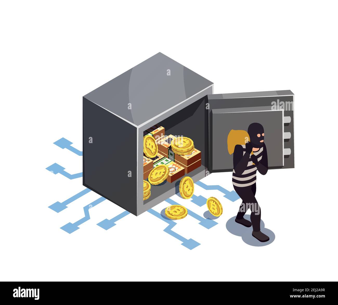 Data encryption cyber security isometric composition with electronic safe box burglary and human character of thief vector illustration Stock Vector