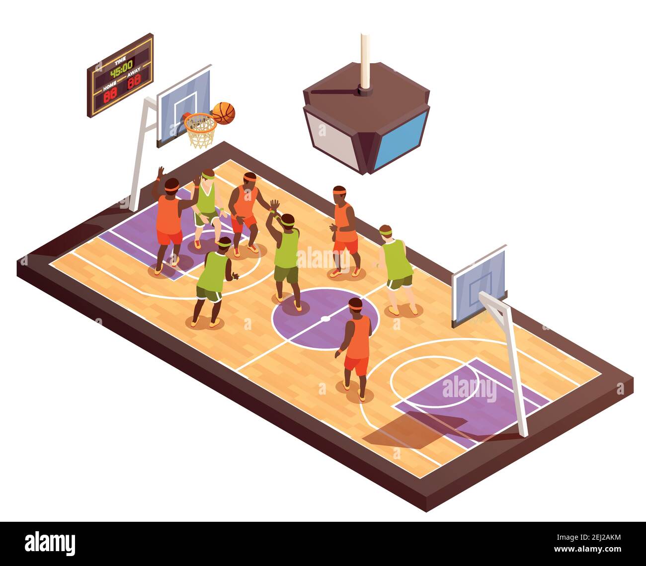 Basketball isometric composition with hardwood playground and human characters of team members with hoops and scoreboard vector illustration Stock Vector