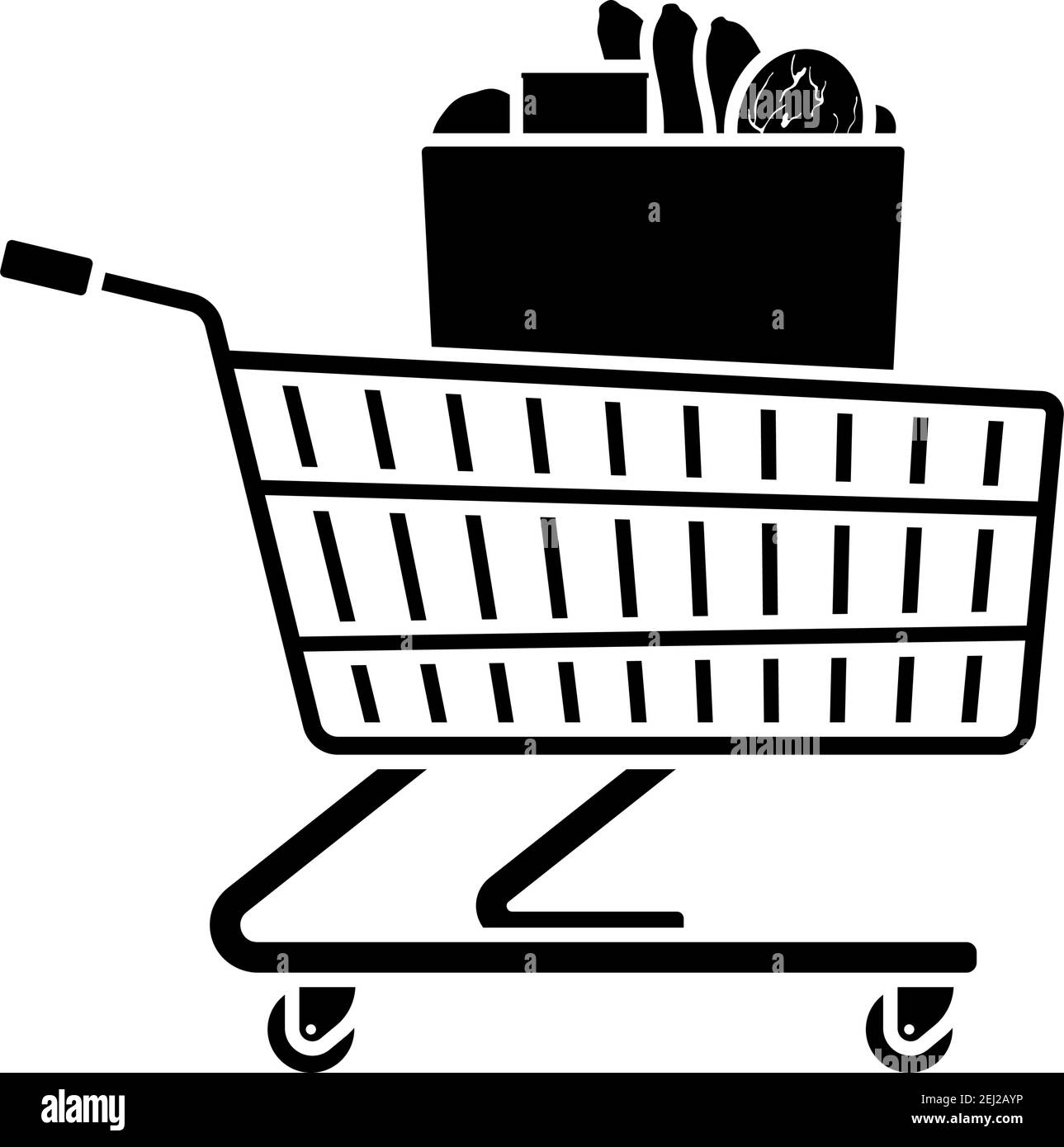 Shopping Cart With Bag Of Food Icon. Black Stencil Design. Vector