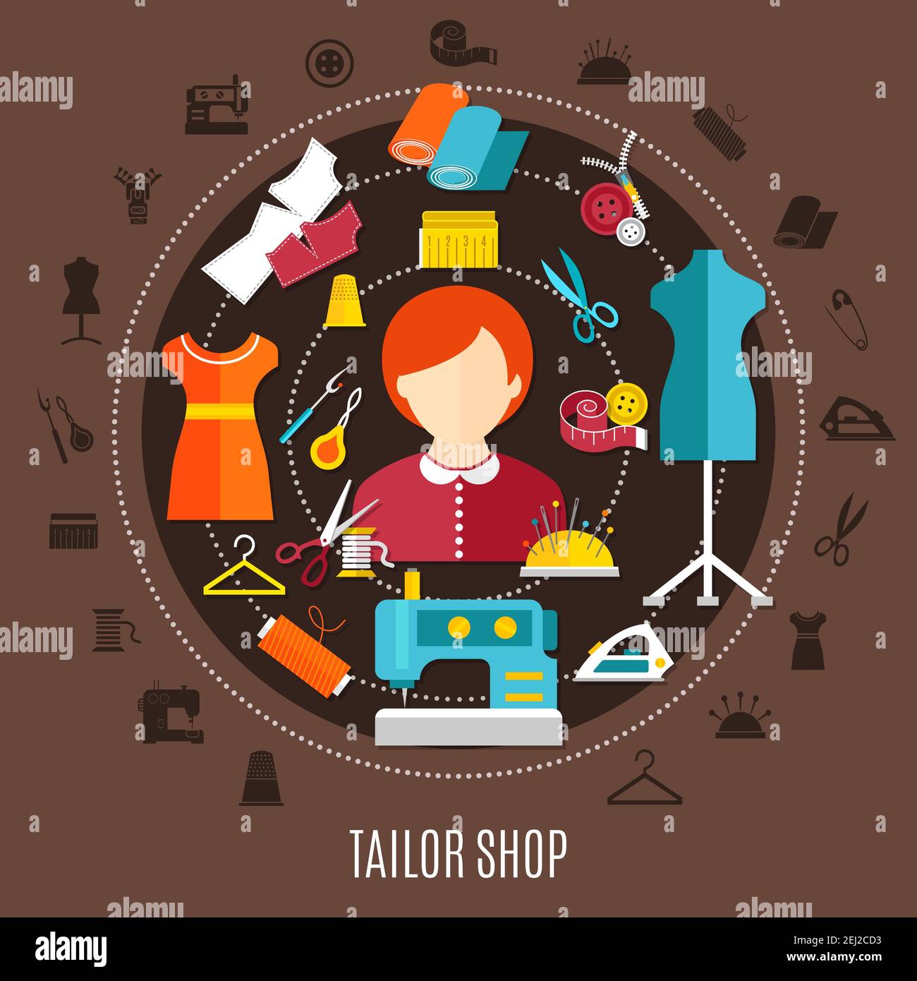 Tailor shop and sewing concept with needles pins and scissors flat ...